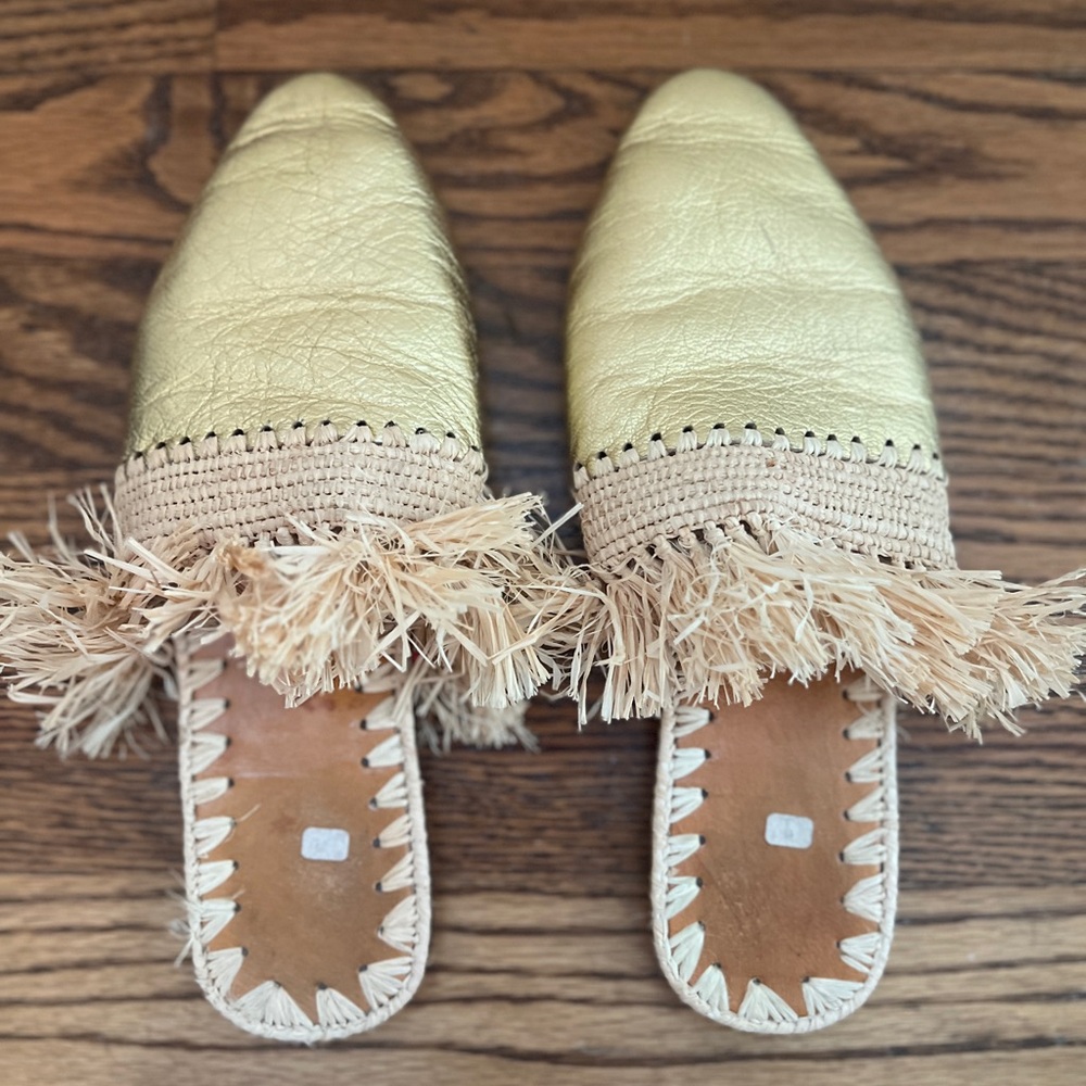 Gold and fringe slide on mules
